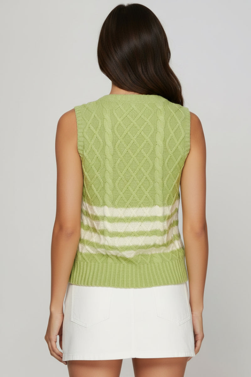 SLEEVELESS STRIPED CABLE KNIT SWEATER VEST-SKSY8127