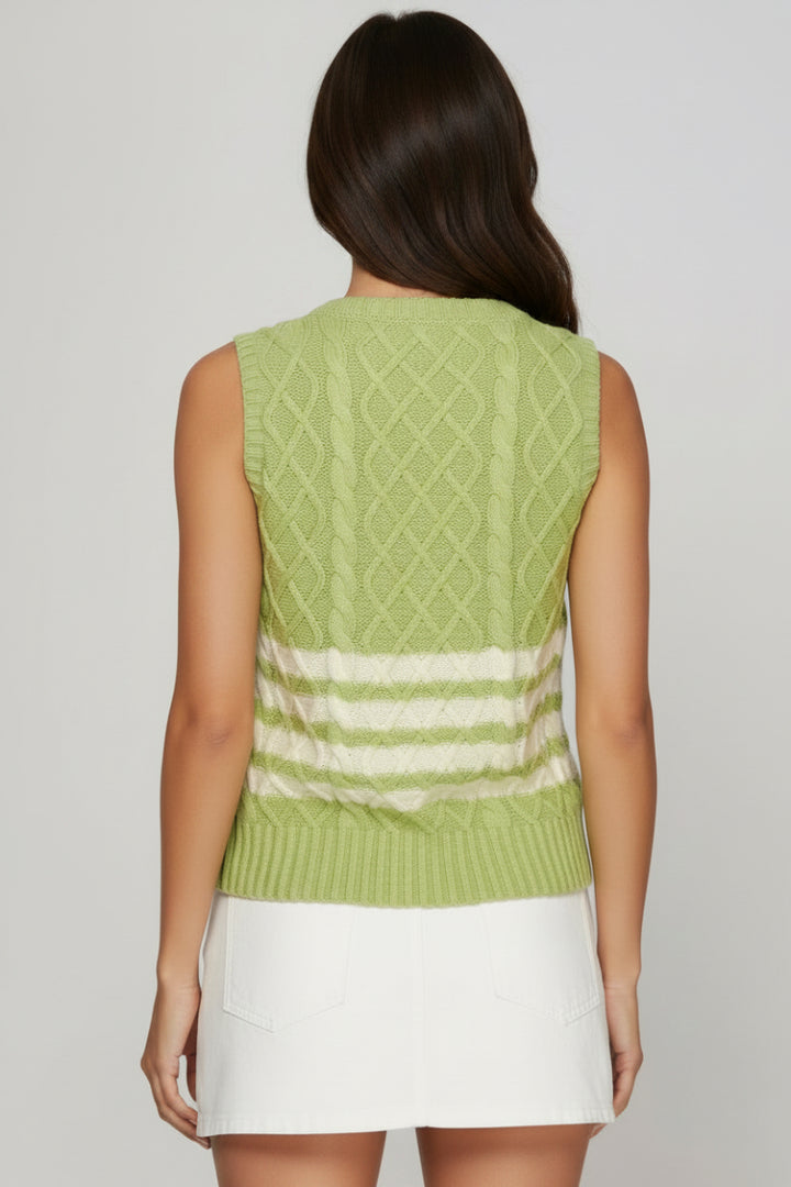SLEEVELESS STRIPED CABLE KNIT SWEATER VEST-SKSY8127