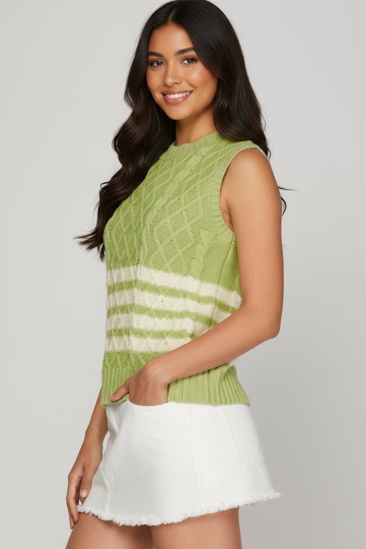 SLEEVELESS STRIPED CABLE KNIT SWEATER VEST-SKSY8127