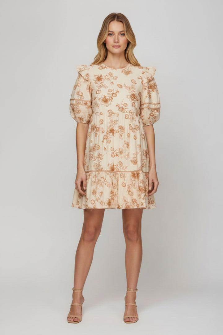 CONTRAST PIPING DETAIL TIERED WOVEN PRINT DRESS
