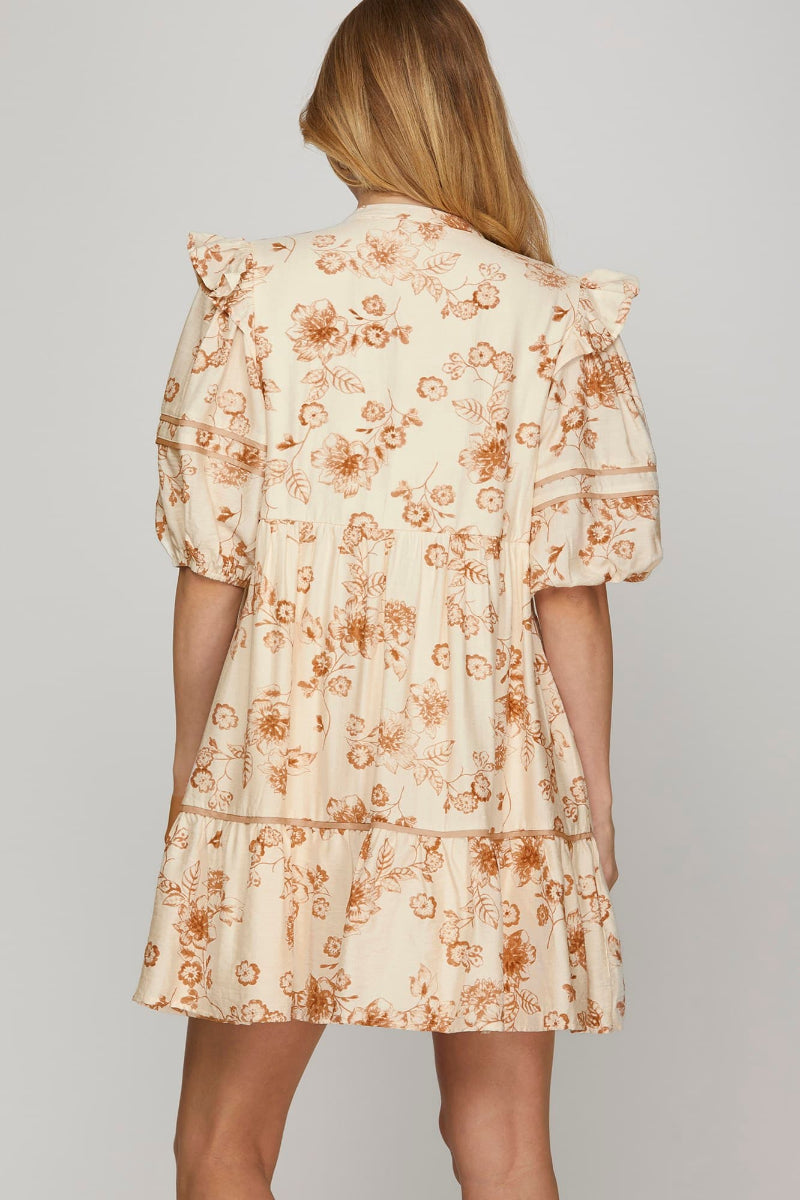 CONTRAST PIPING DETAIL TIERED WOVEN PRINT DRESS