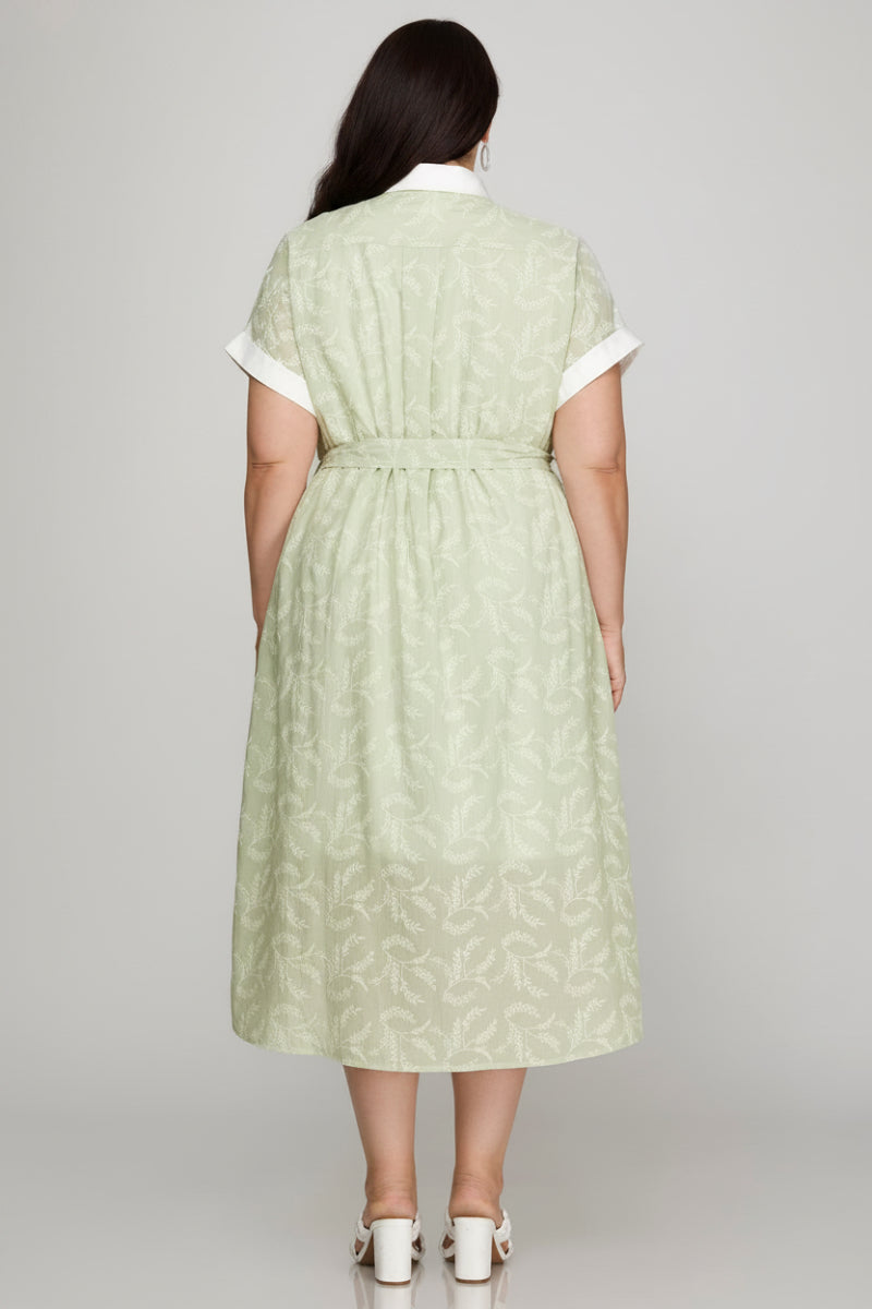 PLUS - CONTRAST FOLDED DROP SLEEVE WOVEN STRIPE COLLARED BUTTON DOWN DRESS