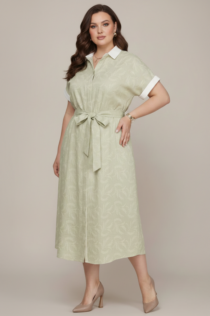 PLUS - CONTRAST FOLDED DROP SLEEVE WOVEN STRIPE COLLARED BUTTON DOWN DRESS