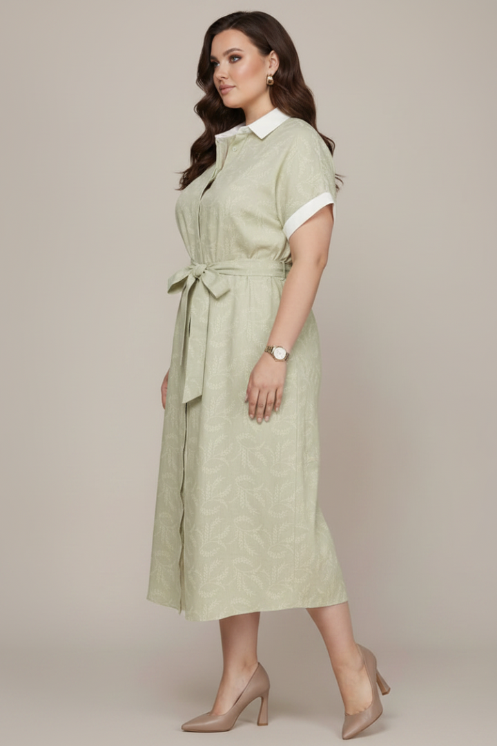 PLUS - CONTRAST FOLDED DROP SLEEVE WOVEN STRIPE COLLARED BUTTON DOWN DRESS