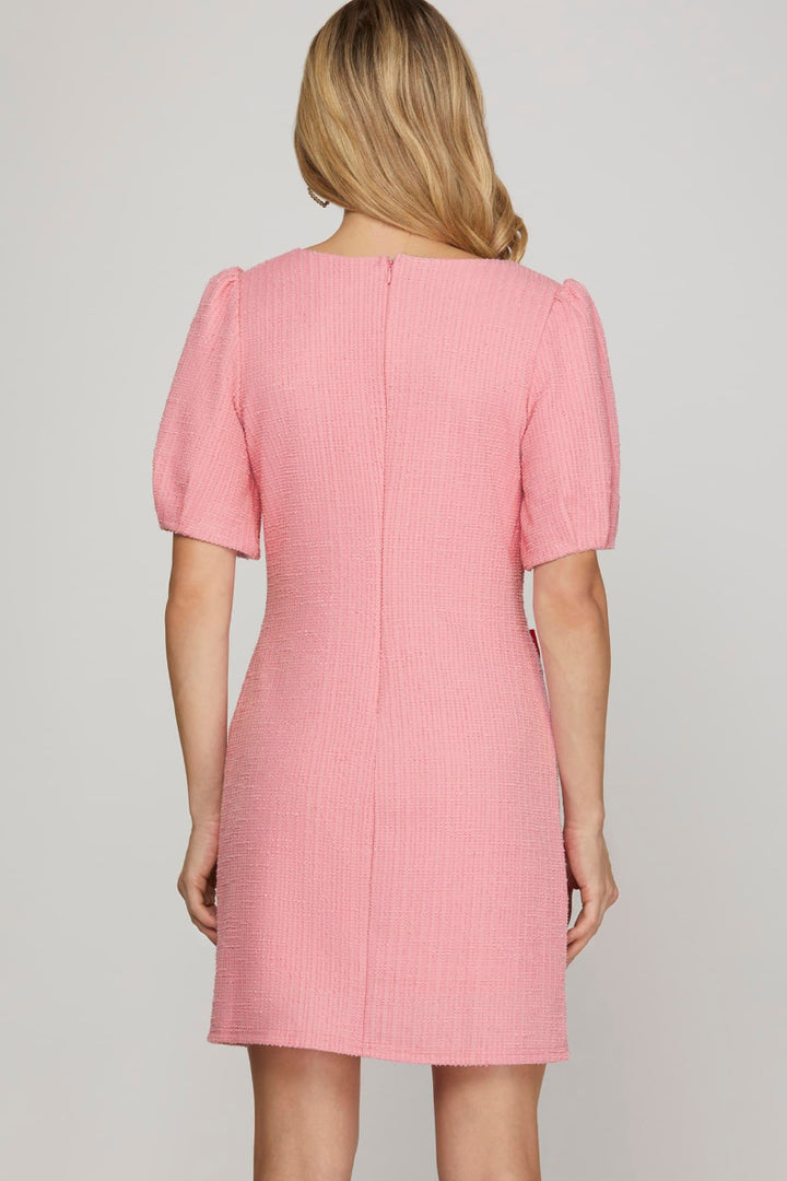 SHORT SLEEVE KNIT TWEED BOW DETAIL MINI DRESS