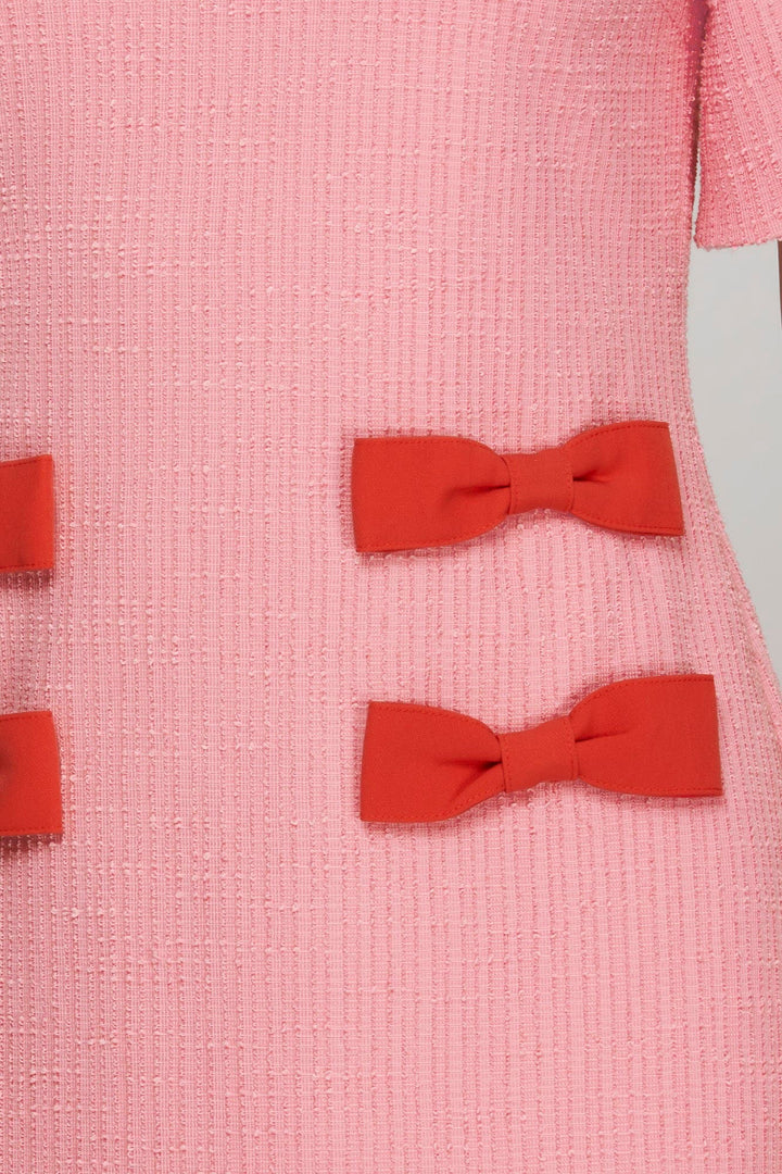 SHORT SLEEVE KNIT TWEED BOW DETAIL MINI DRESS