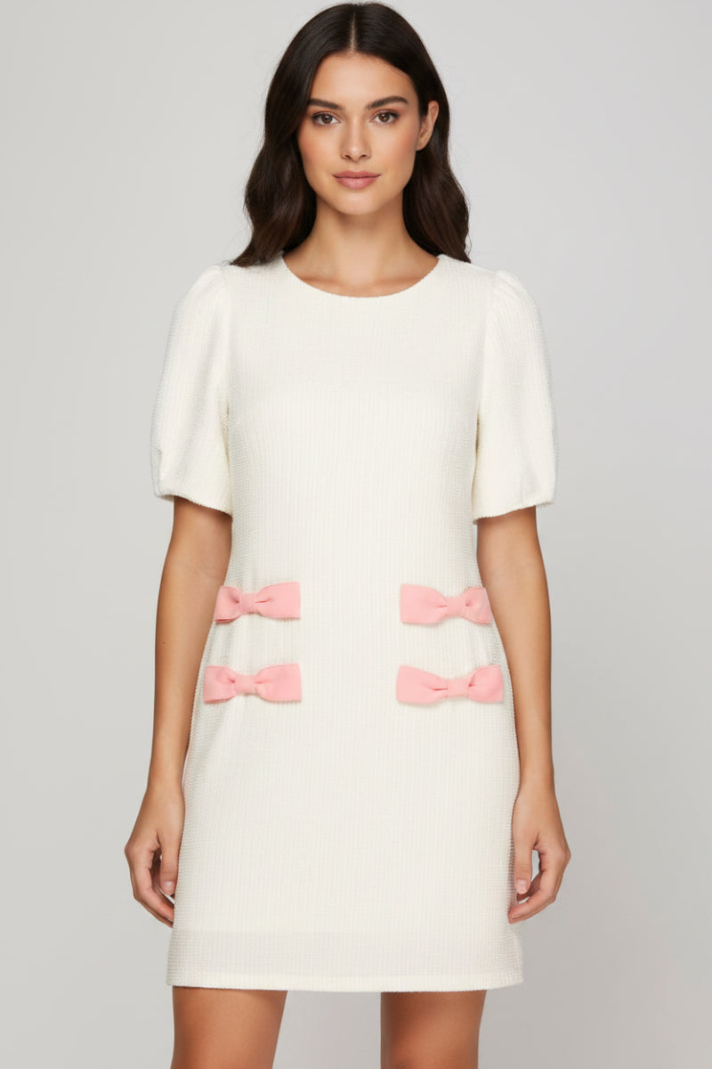 SHORT SLEEVE KNIT TWEED BOW DETAIL MINI DRESS
