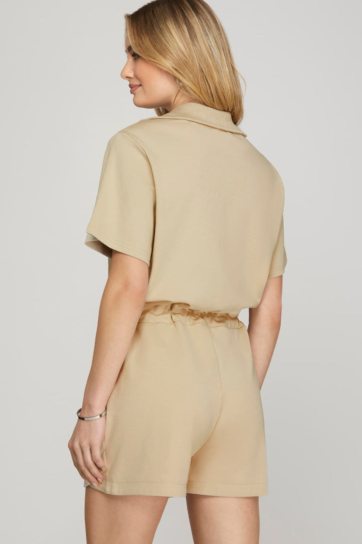 HALF SLEEVE HALF ZIP SCUBA KNIT ROMPER