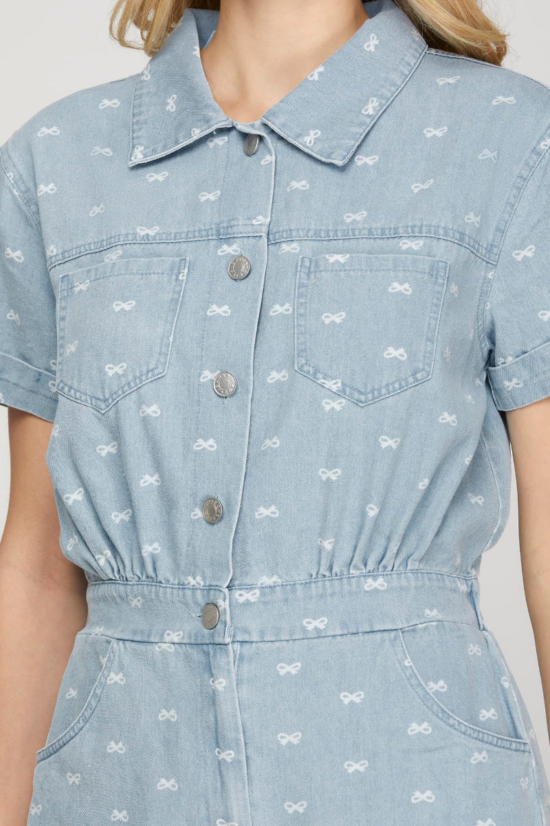 BUTTON DOWN BOW PRINTED DENIM WASHED ROMPER-SKSY8305