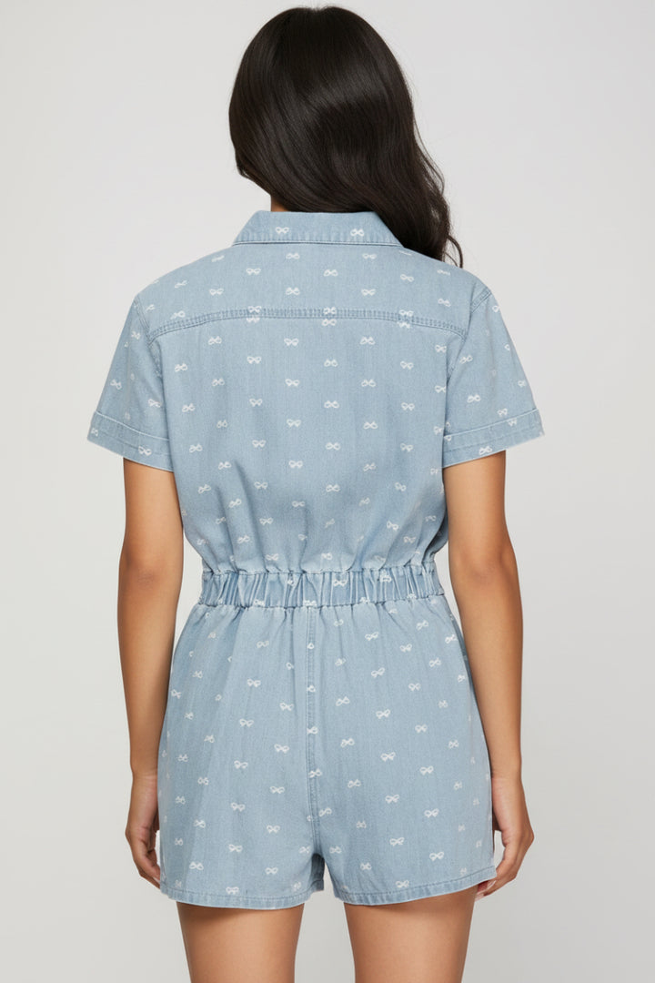 BUTTON DOWN BOW PRINTED DENIM WASHED ROMPER-SKSY8305