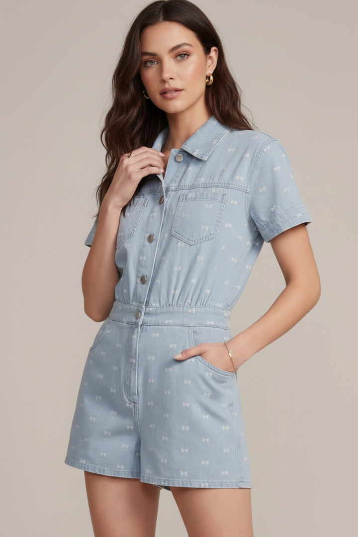 BUTTON DOWN BOW PRINTED DENIM WASHED ROMPER-SKSY8305