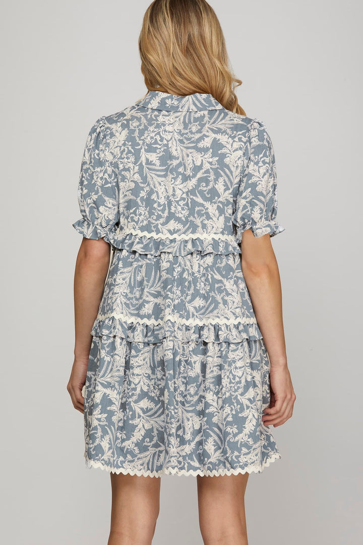 SHORT PUFF SLEEVE BUTTON DOWN TIERED DRESS SKSY8342