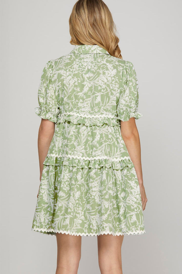 SHORT PUFF SLEEVE BUTTON DOWN TIERED DRESS SKSY8342