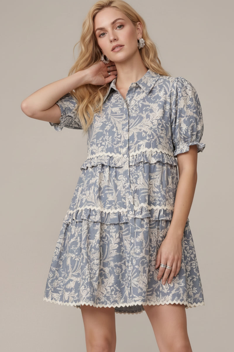 SHORT PUFF SLEEVE BUTTON DOWN TIERED DRESS SKSY8342