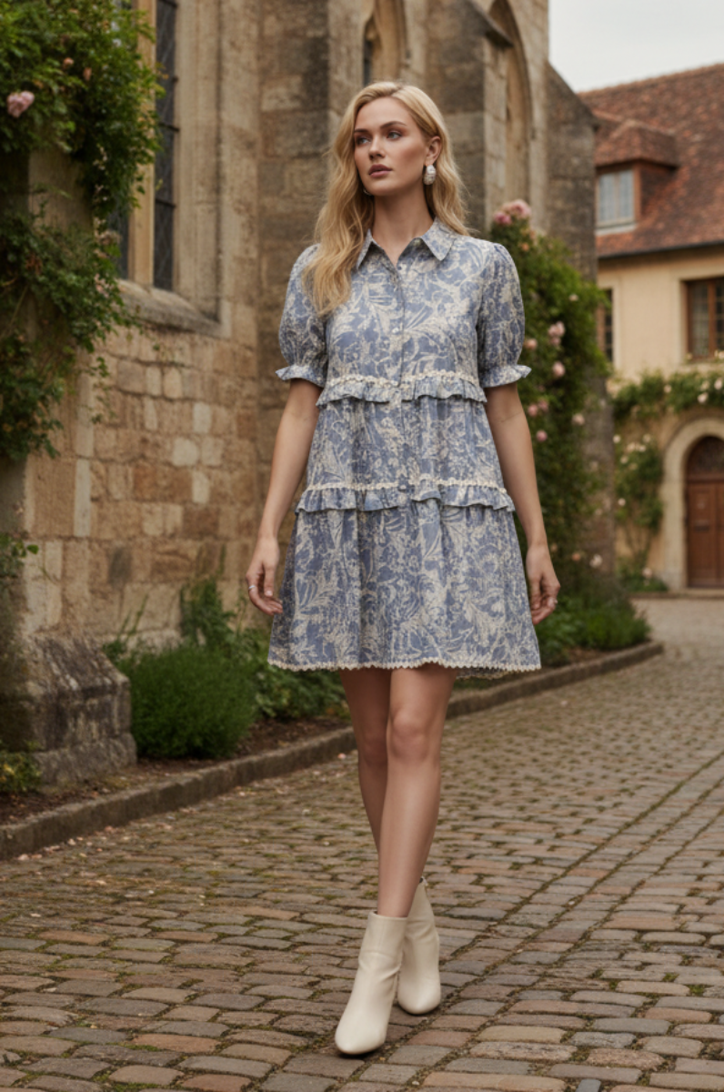 SHORT PUFF SLEEVE BUTTON DOWN TIERED DRESS SKSY8342