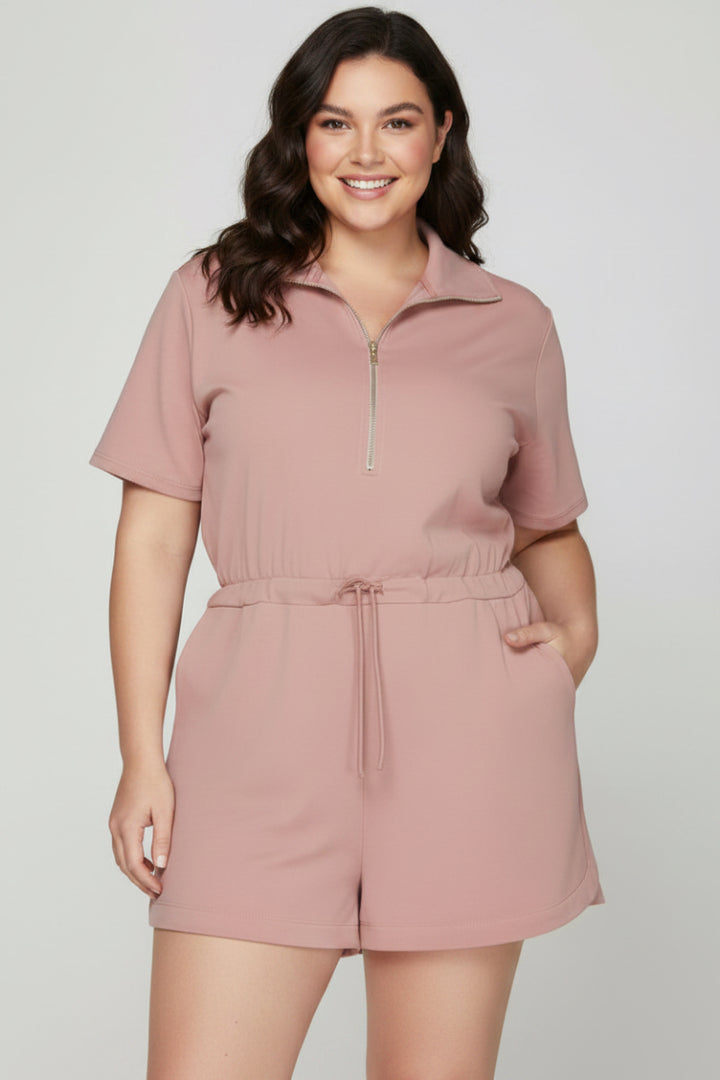 PLUS - HALF SLEEVE HALF ZIP SCUBA KNIT ROMPER