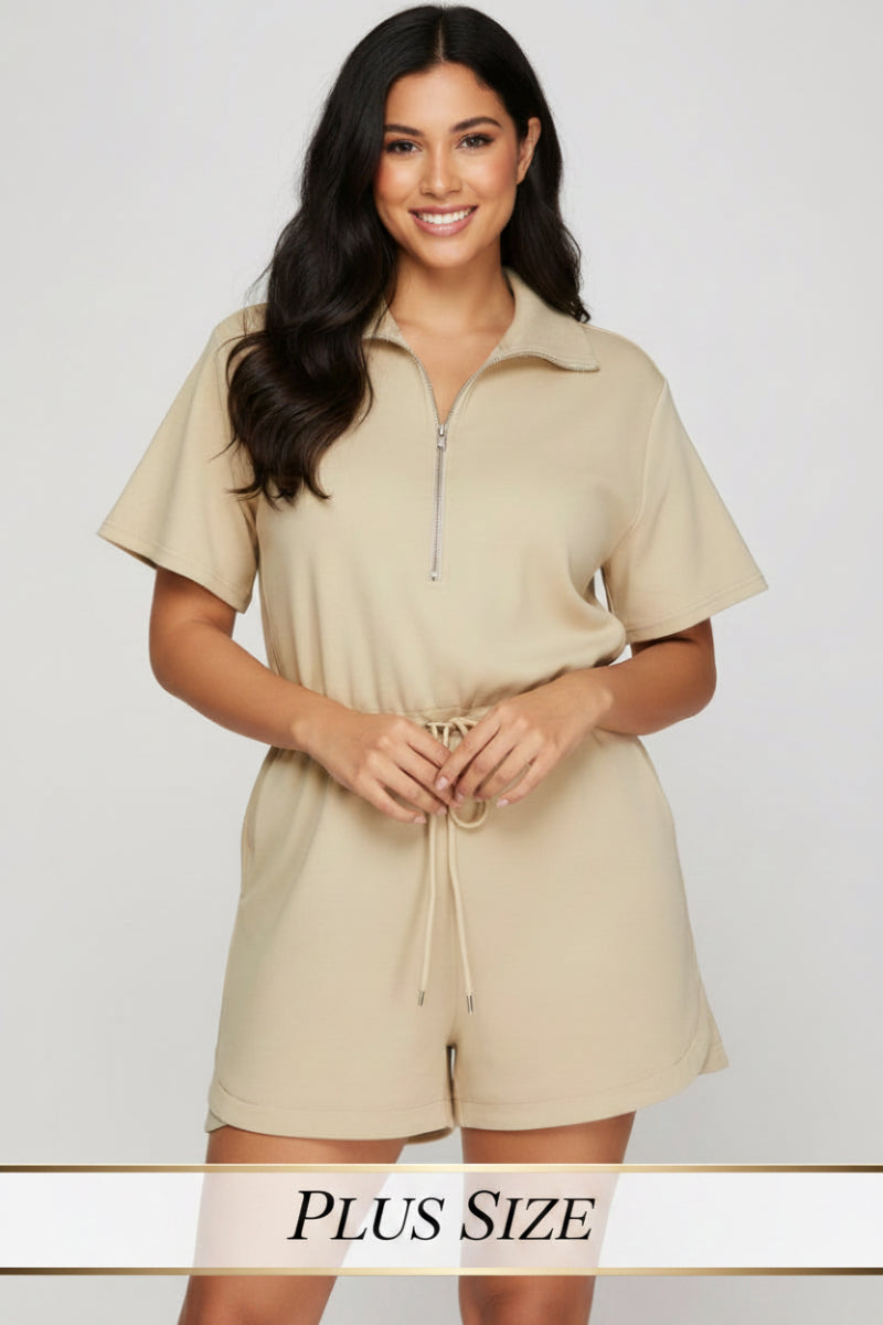 PLUS - HALF SLEEVE HALF ZIP SCUBA KNIT ROMPER