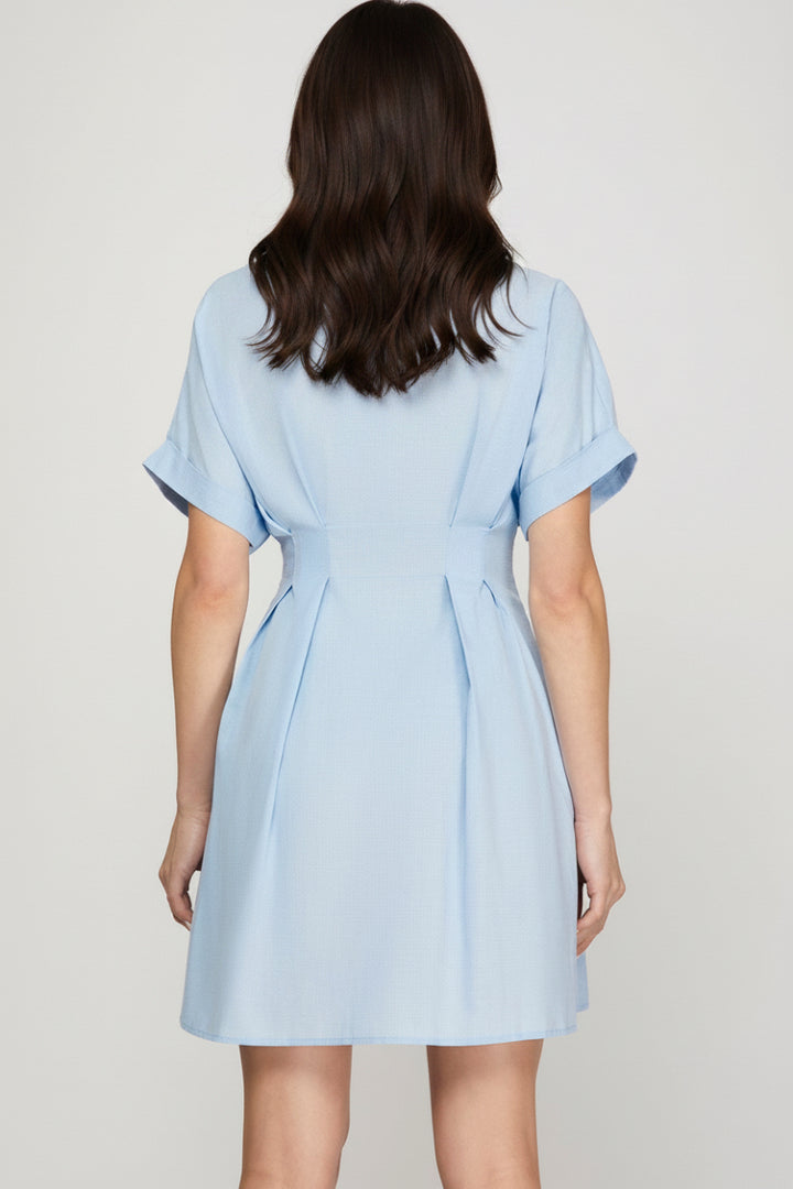 BUTTON DOWN MINI DRESS WITH FRONT CONTRAST TIE