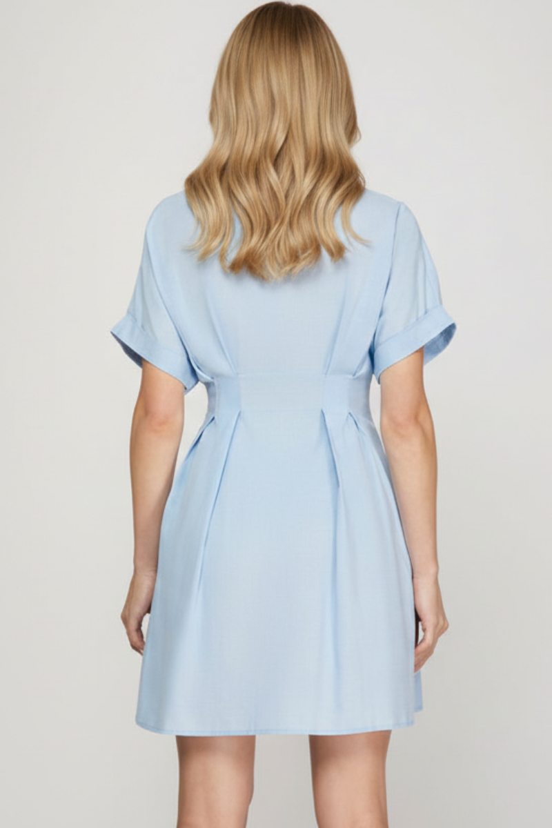 BUTTON DOWN MINI DRESS WITH FRONT CONTRAST TIE SKSY8387