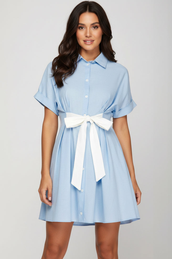 BUTTON DOWN MINI DRESS WITH FRONT CONTRAST TIE