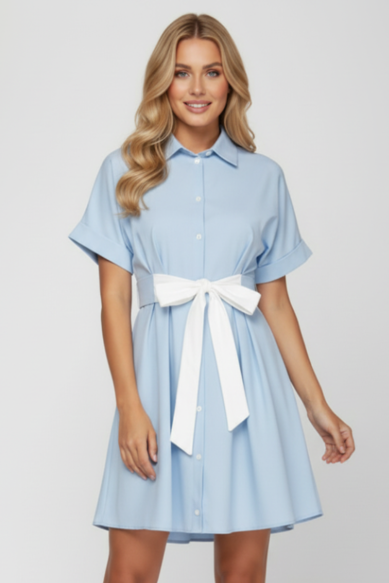 BUTTON DOWN MINI DRESS WITH FRONT CONTRAST TIE SKSY8387