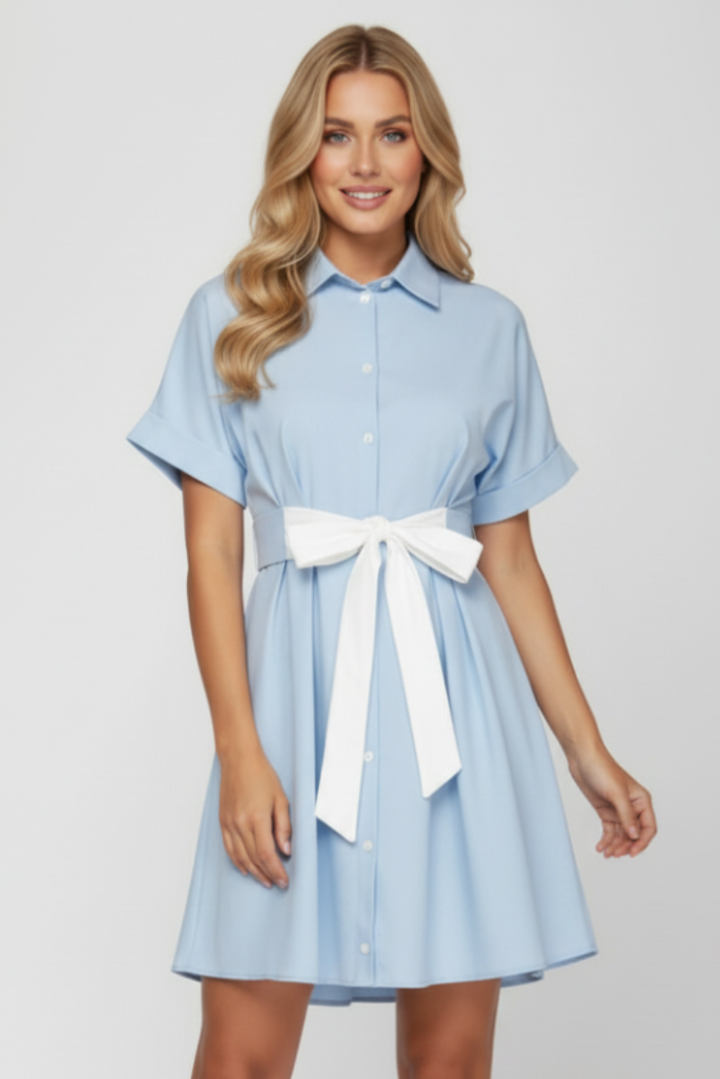 BUTTON DOWN MINI DRESS WITH FRONT CONTRAST TIE SKSY8387
