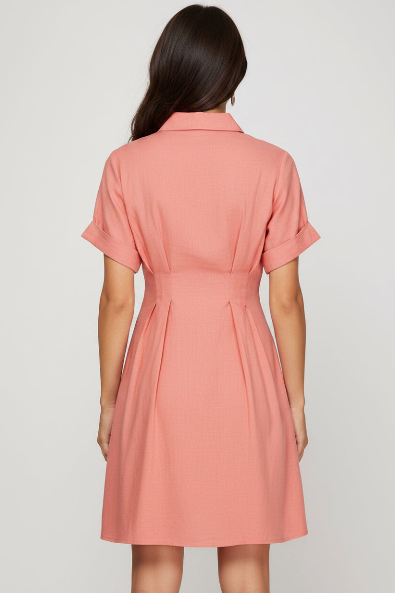 BUTTON DOWN MINI DRESS WITH FRONT CONTRAST TIE
