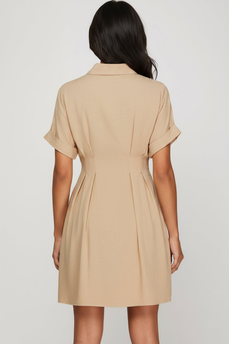 BUTTON DOWN MINI DRESS WITH FRONT CONTRAST TIE