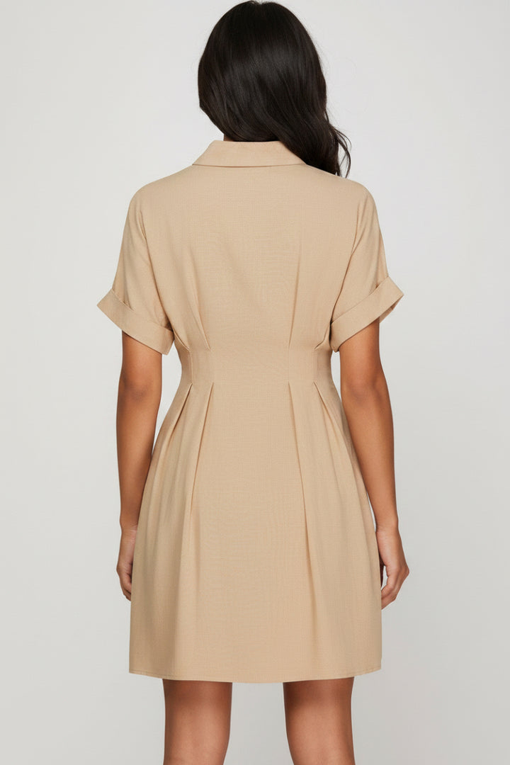 BUTTON DOWN MINI DRESS WITH FRONT CONTRAST TIE
