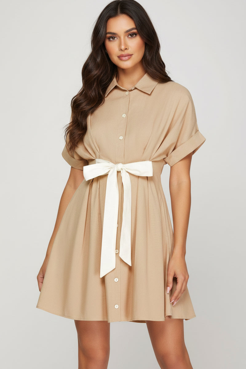 BUTTON DOWN MINI DRESS WITH FRONT CONTRAST TIE