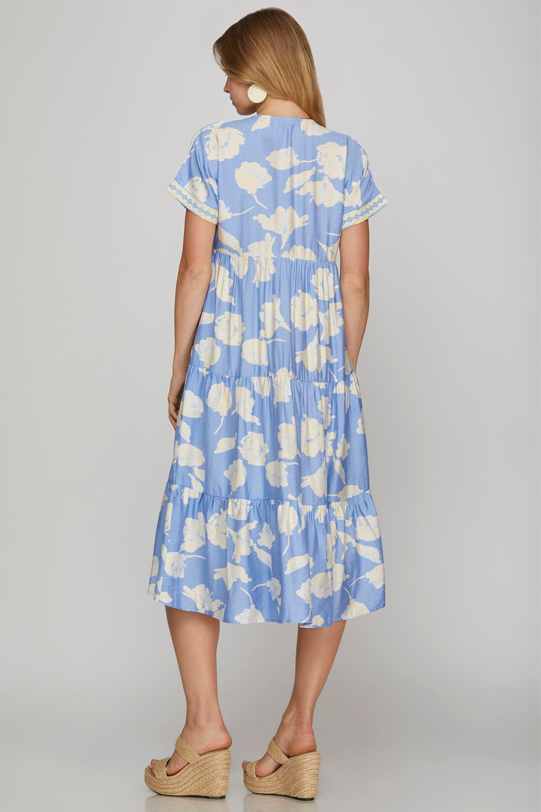 SHORT SLEEVE WOVEN PRINT TIERED MIDI DRESS-SKSY8374