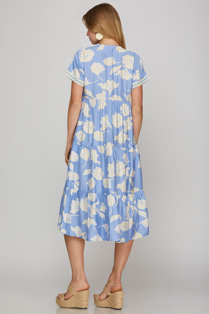 SHORT SLEEVE WOVEN PRINT TIERED MIDI DRESS-SKSY8374