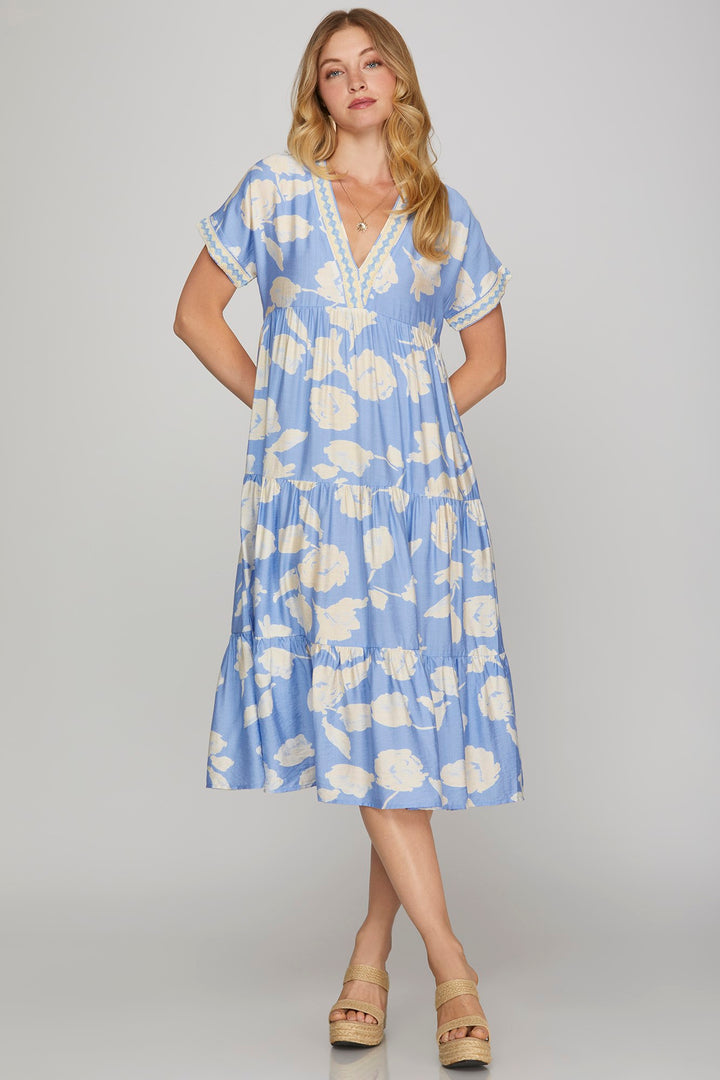 SHORT SLEEVE WOVEN PRINT TIERED MIDI DRESS-SKSY8374