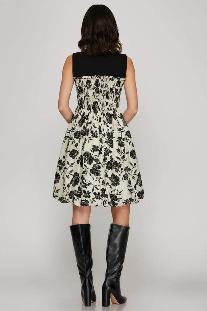 SLEEVELESS BUBBLE HEM FLORAL PRINT WOVEN DRESS-SKSY8392