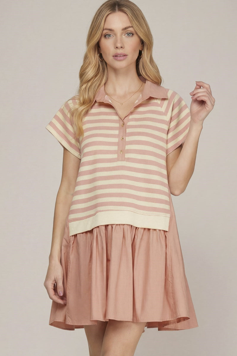 STRIPED POLO NECK WITH SIDE POCKET MINI DRESS SKSY8393