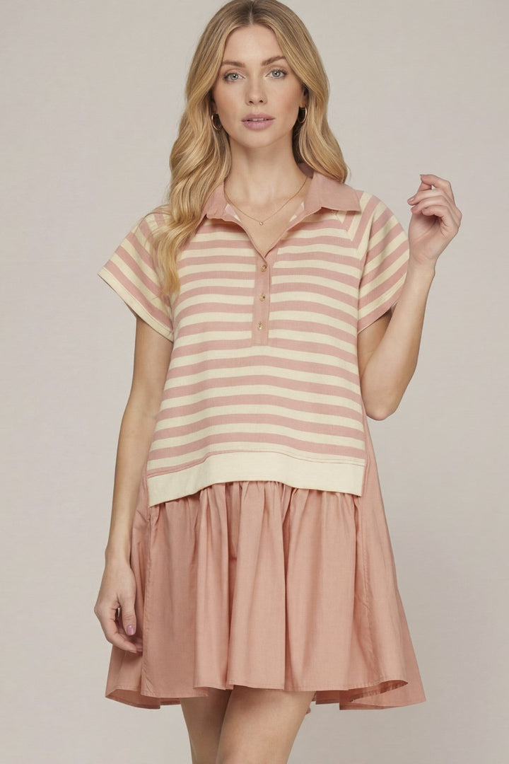 STRIPED POLO NECK WITH SIDE POCKET MINI DRESS SKSY8393