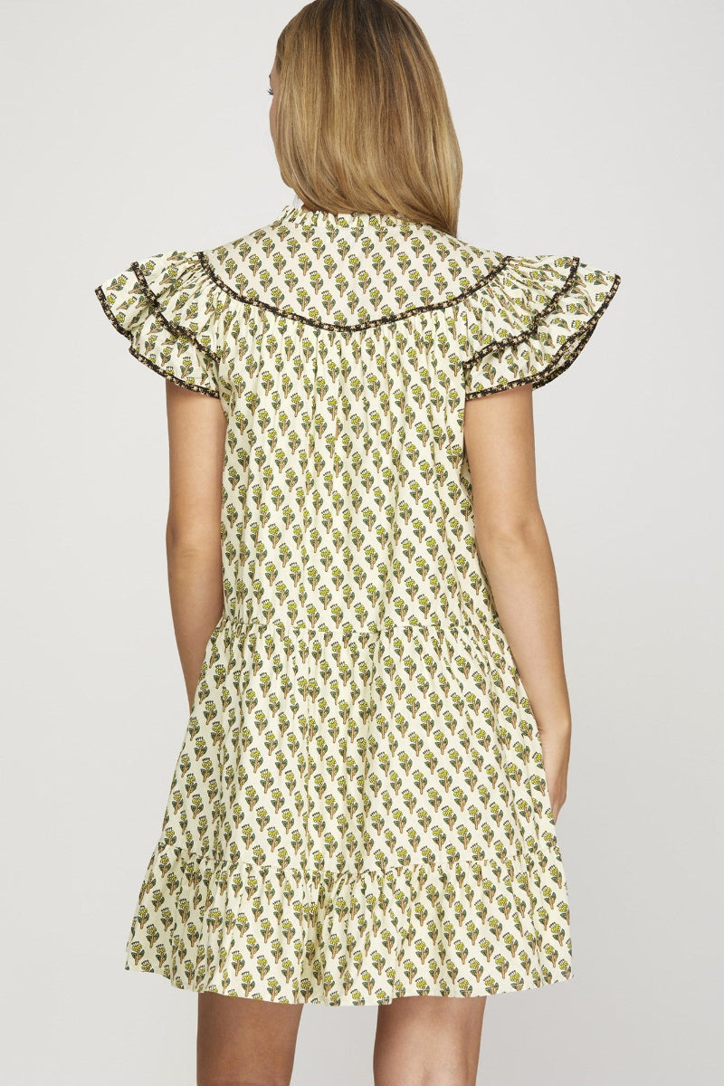 FLORAL PRINT RUFFLE SLEEVE PIPING CONTRAST MINI DRESS SKSY8453