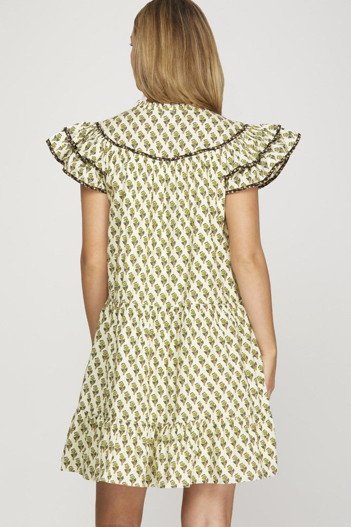 FLORAL PRINT RUFFLE SLEEVE PIPING CONTRAST MINI DRESS SKSY8453