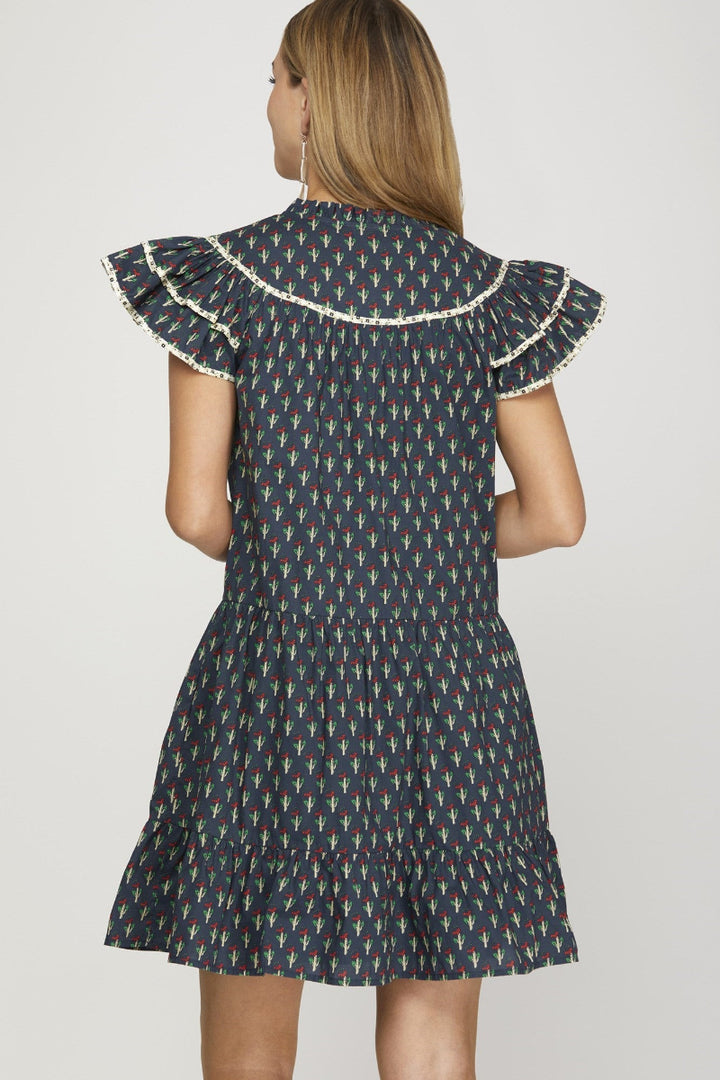 FLORAL PRINT RUFFLE SLEEVE PIPING CONTRAST MINI DRESS SKSY8453