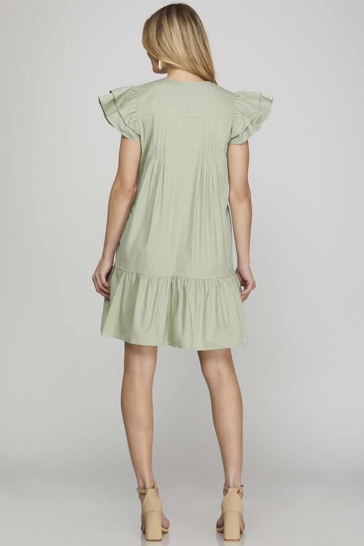 EMBROIDERED RUFFLE SLEEVE WITH POCKETS MINI DRESS SKSY8420