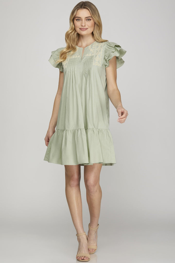 EMBROIDERED RUFFLE SLEEVE WITH POCKETS MINI DRESS SKSY8420