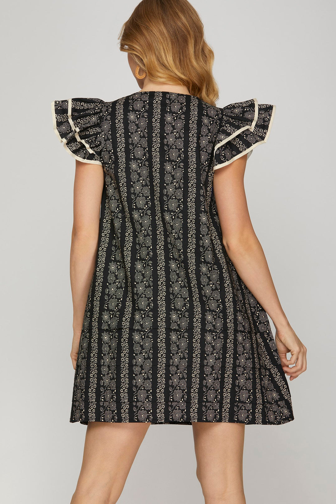 CONTRAST TRIM RUFFLE SLEEVE PRINTED WOVEN MINI DRESS