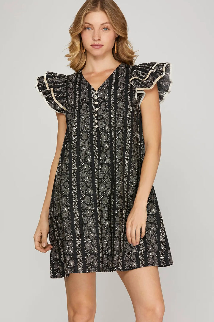 CONTRAST TRIM RUFFLE SLEEVE PRINTED WOVEN MINI DRESS