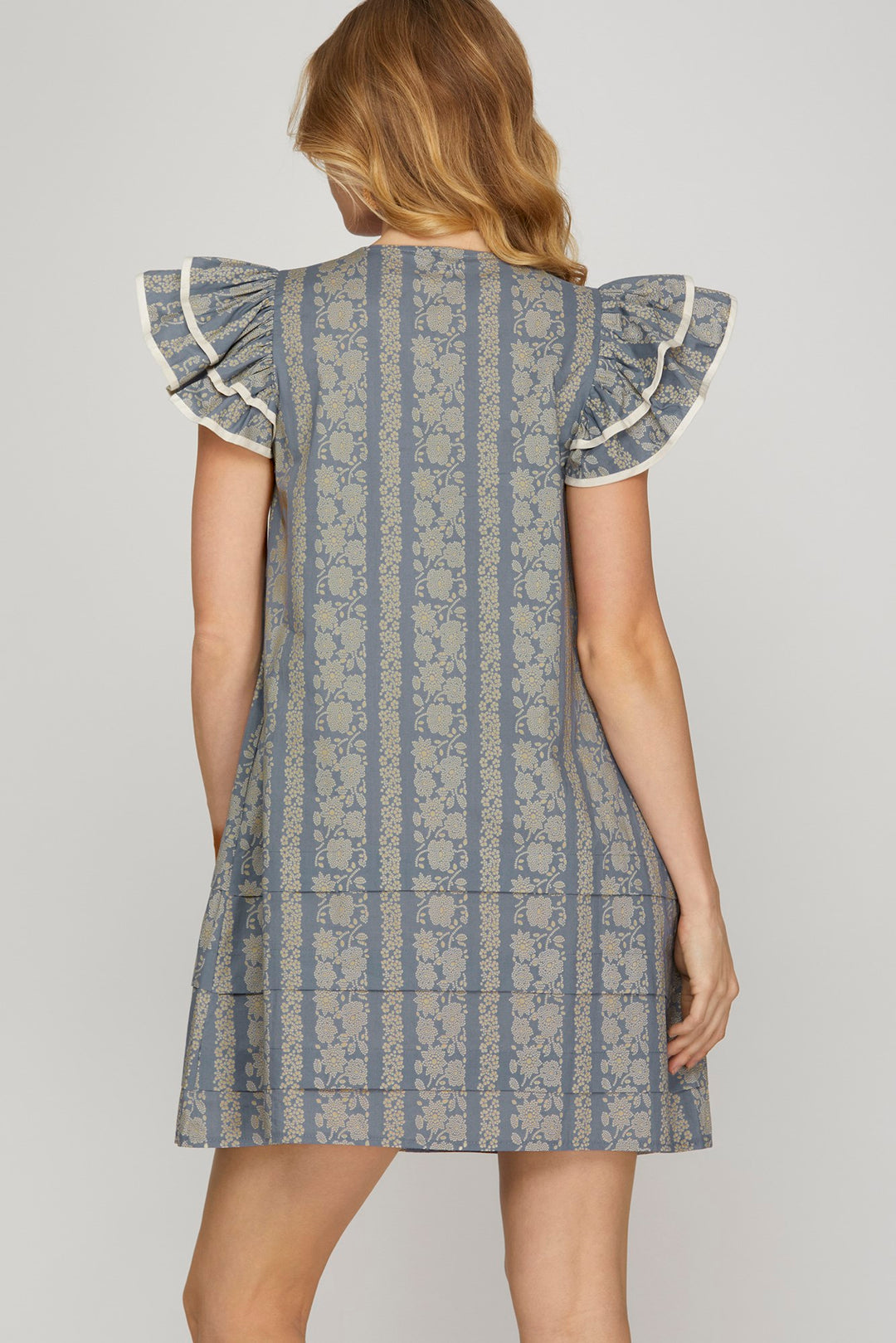 CONTRAST TRIM RUFFLE SLEEVE PRINTED WOVEN MINI DRESS