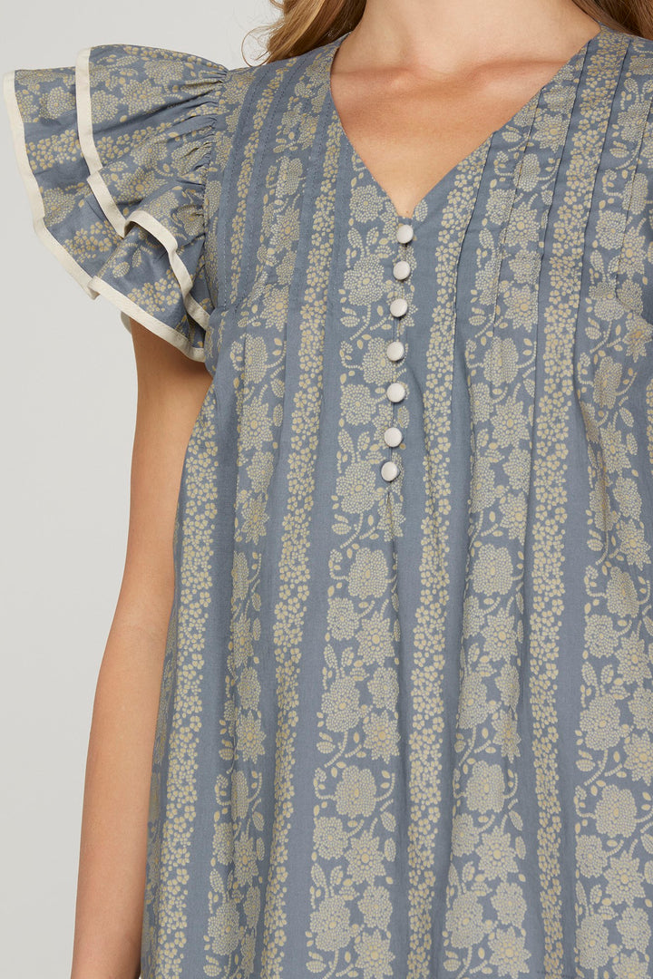 CONTRAST TRIM RUFFLE SLEEVE PRINTED WOVEN MINI DRESS
