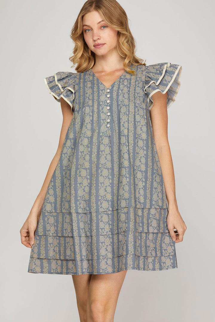 CONTRAST TRIM RUFFLE SLEEVE PRINTED WOVEN MINI DRESS