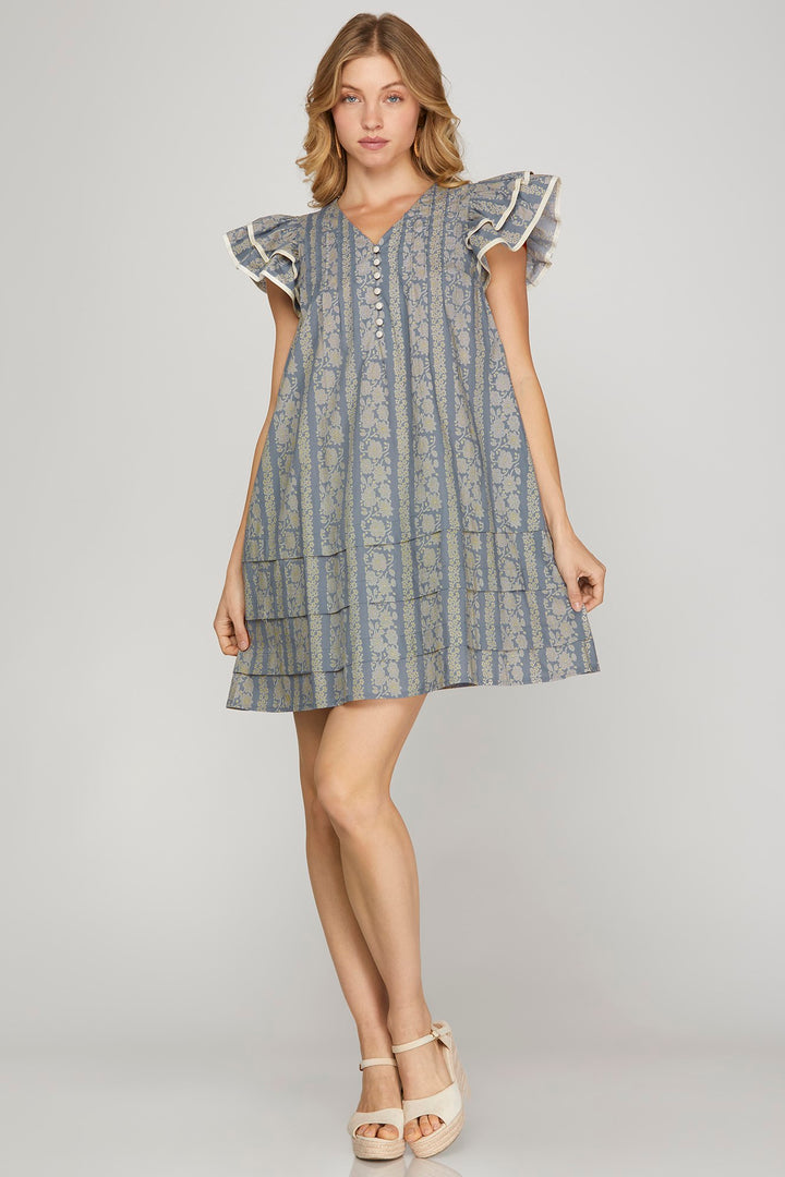 CONTRAST TRIM RUFFLE SLEEVE PRINTED WOVEN MINI DRESS