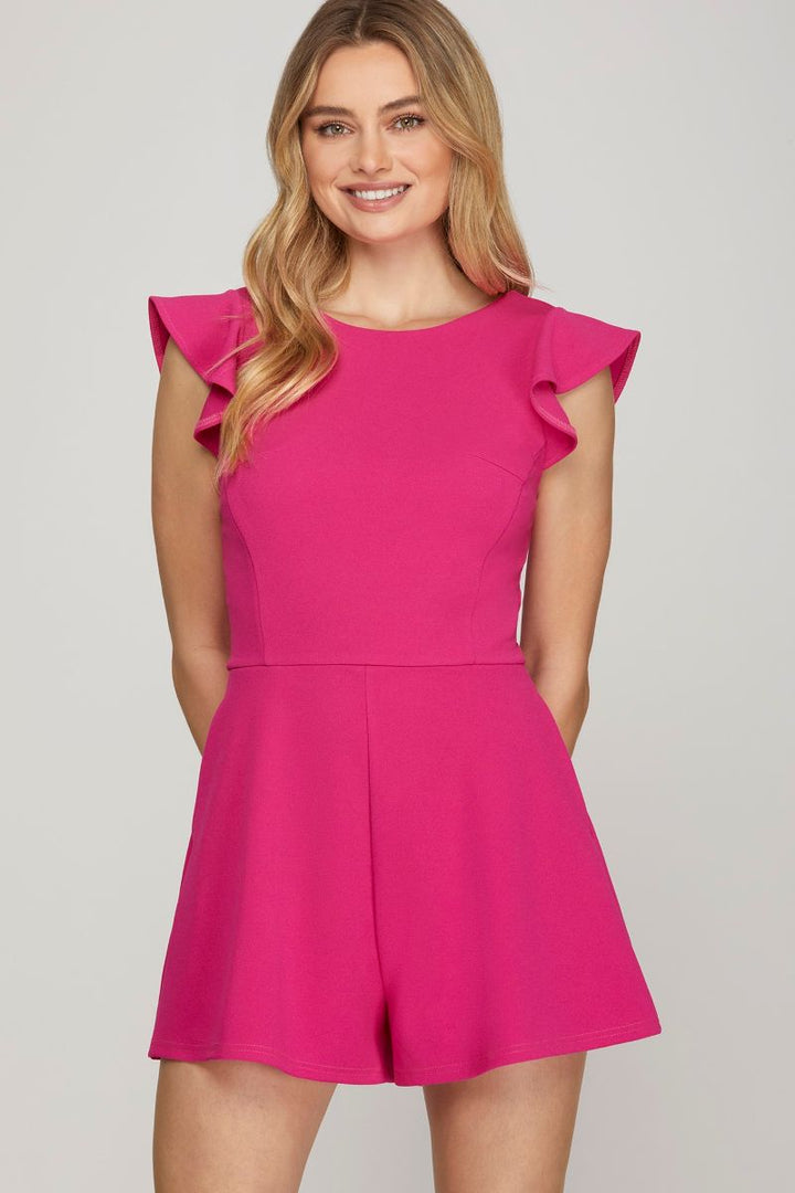 HOT PINK RUFFLED SLEEVES BACK DETAILED W/ POCKETS KNIT ROMPER