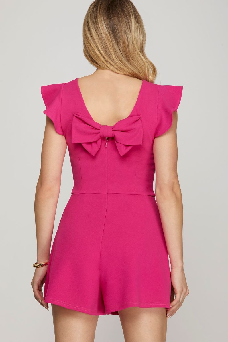 HOT PINK RUFFLED SLEEVES BACK DETAILED W/ POCKETS KNIT ROMPER