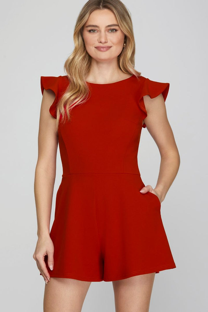 RED RUFFLED SLEEVES BACK DETAILED W/ POCKETS KNIT ROMPER